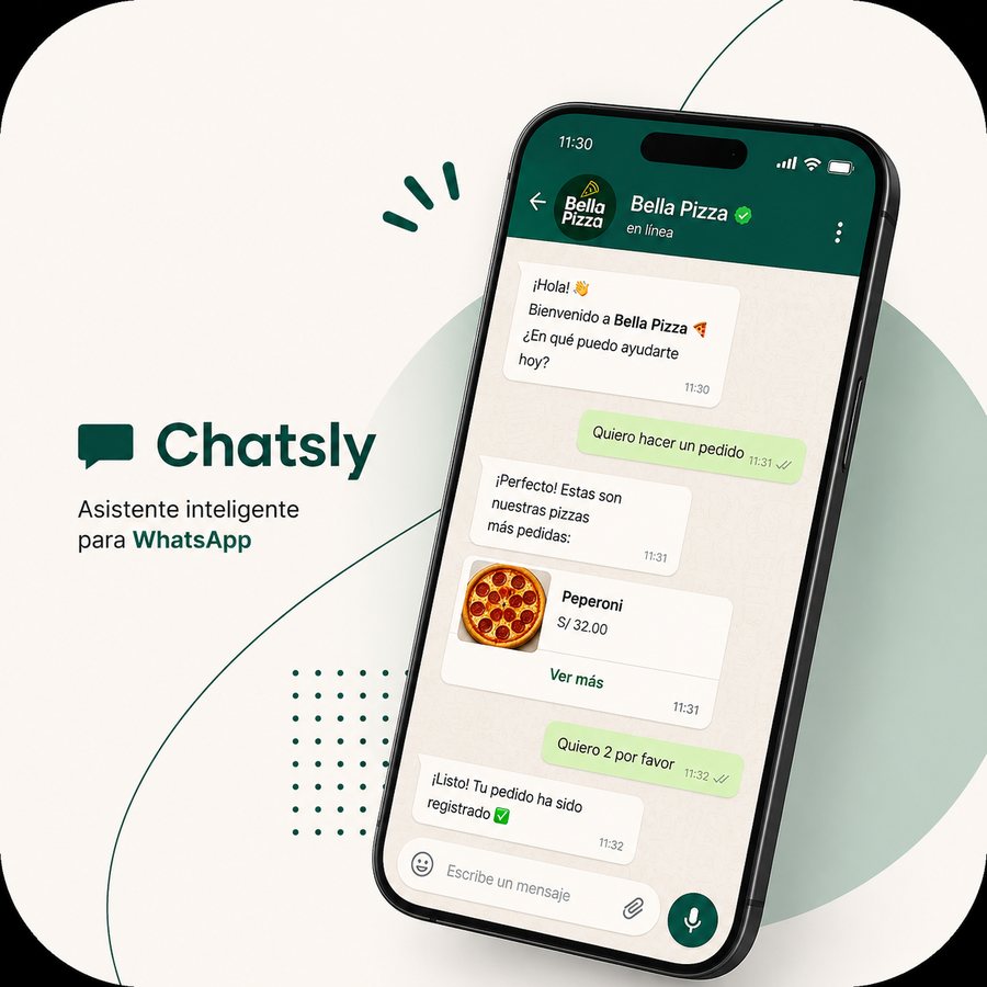 Portada de Chatsly: conversación de WhatsApp donde el asistente atiende un pedido